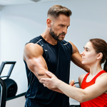 A compassionate male sports rehabilitation specialist, in professional medical attire, attentively guiding a female athlete through a recovery exercise in a bright, modern rehabilitation clinic. The athlete, wearing appropriate athletic wear, looks focused and trusts the specialist's guidance. The specialist demonstrates empathy and support. The background is clean and well-lit with various exercise equipment. safe for work, appropriate content, fully clothed, professional, perfect anatomy, correct proportions, natural pose, well-formed hands, proper finger count, natural body proportions, high-quality professional photography.