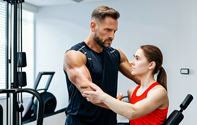 A compassionate male sports rehabilitation specialist, in professional medical attire, attentively guiding a female athlete through a recovery exercise in a bright, modern rehabilitation clinic. The athlete, wearing appropriate athletic wear, looks focused and trusts the specialist's guidance. The specialist demonstrates empathy and support. The background is clean and well-lit with various exercise equipment. safe for work, appropriate content, fully clothed, professional, perfect anatomy, correct proportions, natural pose, well-formed hands, proper finger count, natural body proportions, high-quality professional photography.