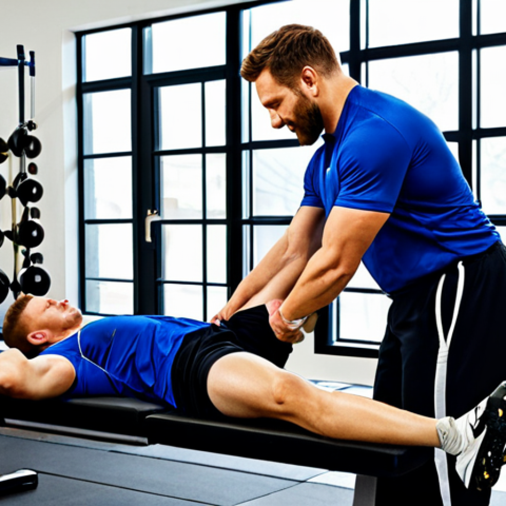 스포츠재활사와 물리치료사의 차이 - "A sports rehabilitation specialist assisting a fully clothed athlete with a hamstring exercise, gym...