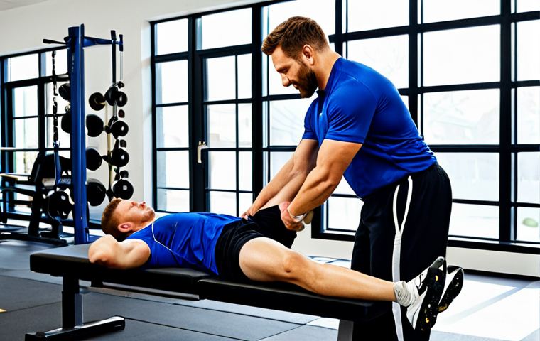 스포츠재활사와 물리치료사의 차이 - "A sports rehabilitation specialist assisting a fully clothed athlete with a hamstring exercise, gym...