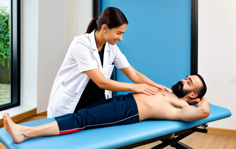 스포츠재활사와 물리치료사의 차이 - "A sports rehabilitation specialist assisting a fully clothed athlete with a hamstring exercise, gym...