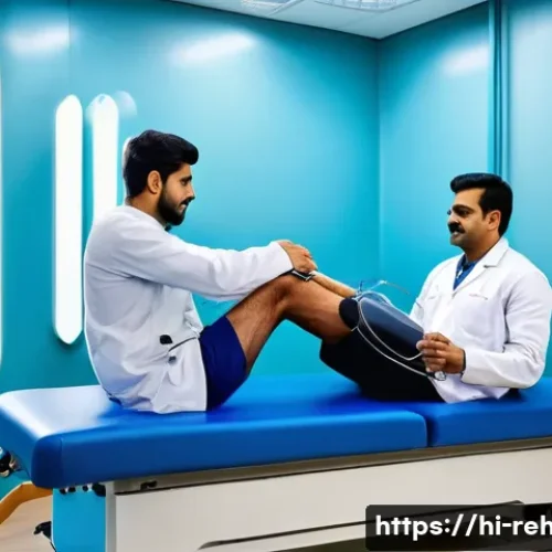 스포츠재활사 논문 주제 아이디어 - A detailed scene of a modern sports rehabilitation clinic in India, showcasing an athlete undergoing...