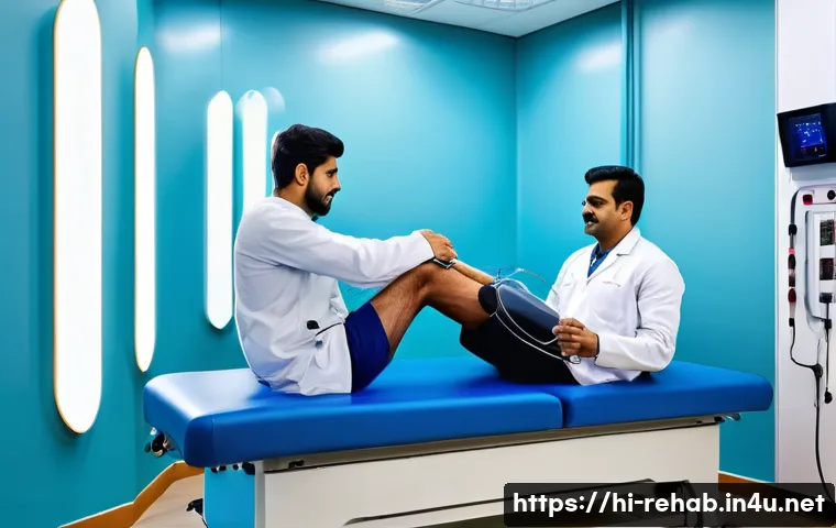 스포츠재활사 논문 주제 아이디어 - A detailed scene of a modern sports rehabilitation clinic in India, showcasing an athlete undergoing...