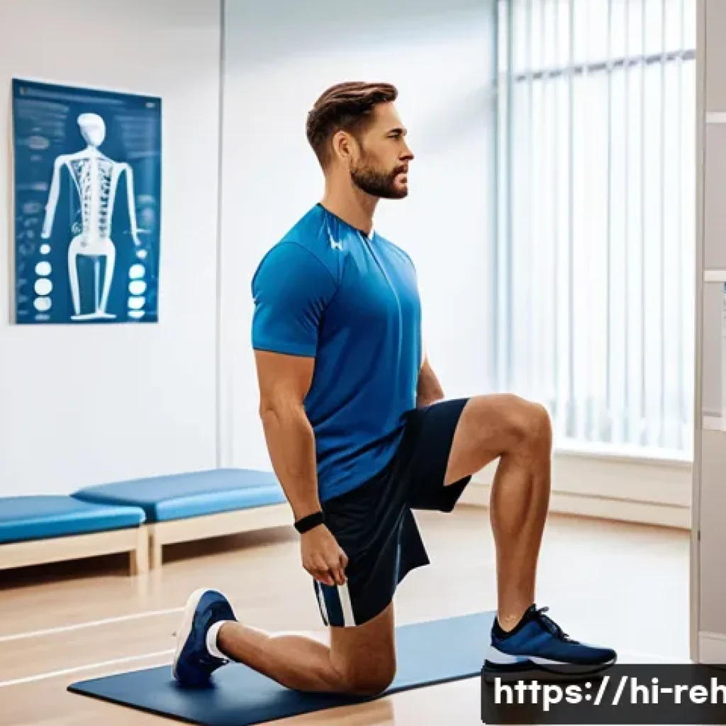 스포츠재활사 취업 성공 스토리 - A professional sports rehabilitation clinic scene showing a physiotherapist in sportswear and wearin...