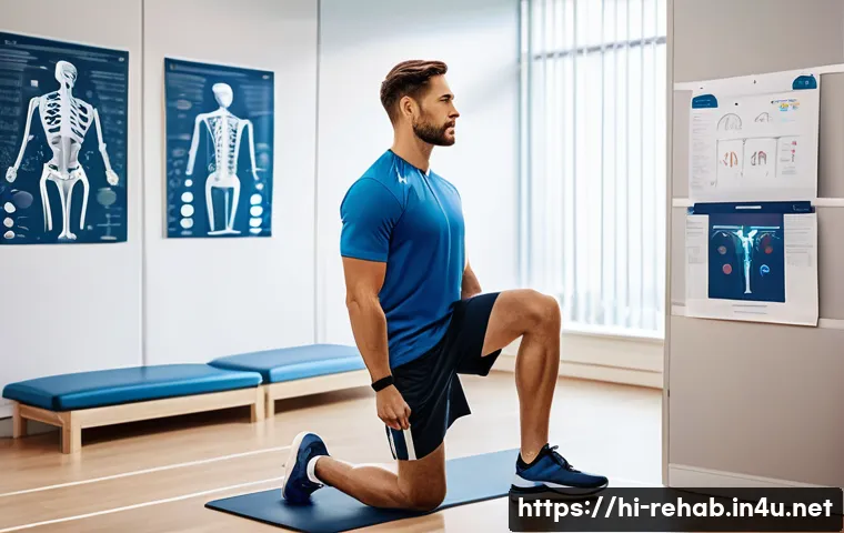 스포츠재활사 취업 성공 스토리 - A professional sports rehabilitation clinic scene showing a physiotherapist in sportswear and wearin...