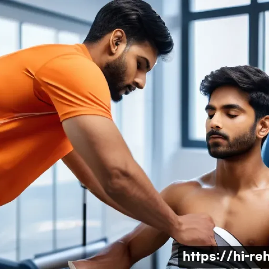 스포츠재활사 초보자를 위한 가이드 - A professional sports rehabilitation clinic scene showing a young Indian male athlete with light bro...