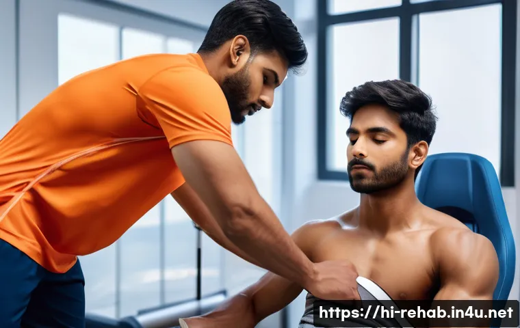 스포츠재활사 초보자를 위한 가이드 - A professional sports rehabilitation clinic scene showing a young Indian male athlete with light bro...