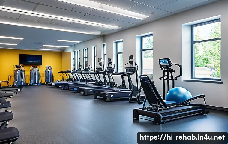 스포츠재활센터 개업 준비 - A modern sports rehabilitation center interior showcasing spacious, well-ventilated therapy rooms wi...