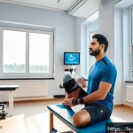 스포츠재활사로서의 성장 전략 - A determined Hindi male athlete wearing sportswear and supportive knee braces, performing gentle str...