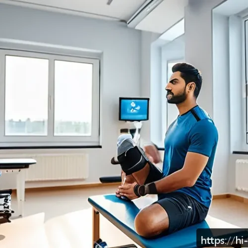 스포츠재활사로서의 성장 전략 - A determined Hindi male athlete wearing sportswear and supportive knee braces, performing gentle str...
