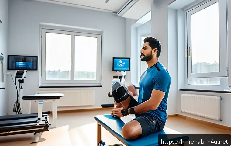 스포츠재활사로서의 성장 전략 - A determined Hindi male athlete wearing sportswear and supportive knee braces, performing gentle str...