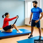 스포츠재활사의 전문 인증제도 - A detailed scene of a sports rehabilitation clinic featuring a certified rehabilitation specialist g...