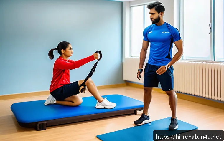 스포츠재활사의 전문 인증제도 - A detailed scene of a sports rehabilitation clinic featuring a certified rehabilitation specialist g...